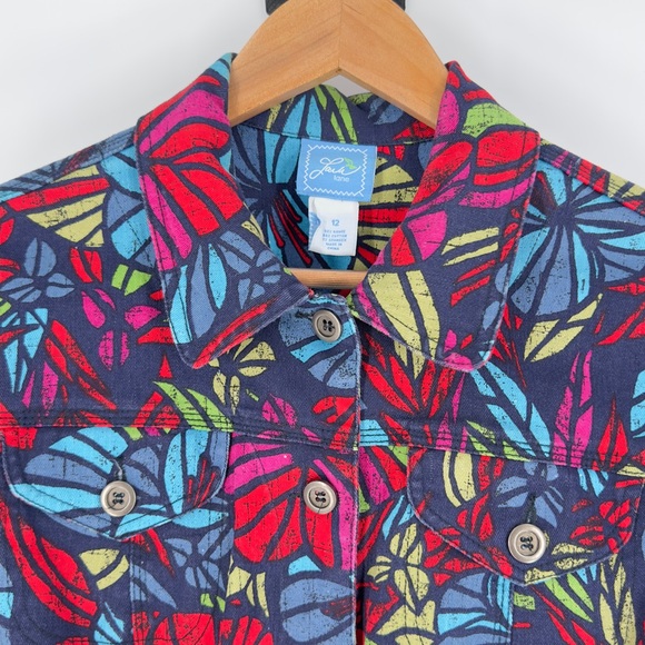 🌺 Multi-Color Floral Tropical Print Denim Jacket Resort Wear Vacation Chic Sz 12 - Picture 6 of 15